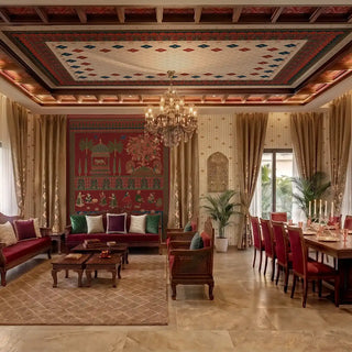 Qarina ceiling mural in crimson, teal and parchment overhead in a grand Indian living and dining room with dark walnut coffered mouldings, crystal chandelier, crimson velvet sofas with carved wooden frames, red dining chairs, scattered butti side wallpaper, and gold curtains