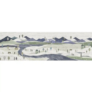 The full panoramic layout of The Quilted Village mural showcasing rolling hills, houses, and grazing animals in blue and green.