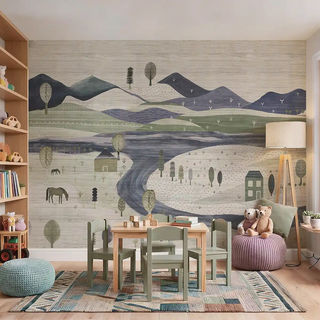 A luxury kids' bedroom featuring The Quilted Village mural behind a light wood bed with sage green linens.