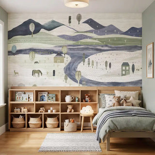 A sophisticated playroom featuring The Quilted Village mural behind a wooden table, chairs, and neutral decor.