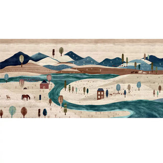A full panoramic view of The Quilted Village mural featuring a hand-painted landscape with mountains, rivers, and horses.