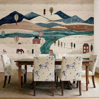 The Quilted Village mural styled in a luxury dining room behind a dark wood table and horse-print upholstered chairs.