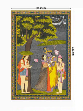 Full view of the Radha Krishna wall art in grey and yellow, 121 cm by 81.2 cm, showing the couple beneath the tree with attendants.