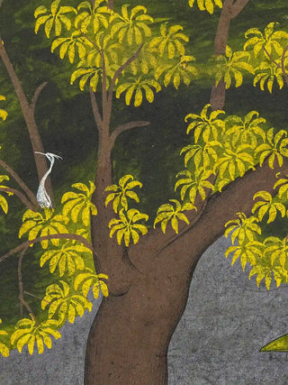 A detailed close-up of the Radha Krishna wall art highlighting the embracing couple with a lotus blossom beside them.