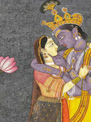 A detailed close-up of the Radha Krishna wall art highlighting the flowering tree with a heron perched among its leaves.