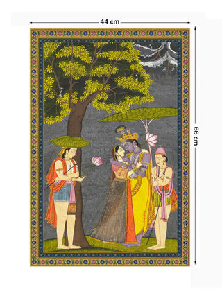 Full view of the Radha Krishna wall art in grey and yellow, 66 cm by 44 cm, showing the couple beneath the tree with attendants.