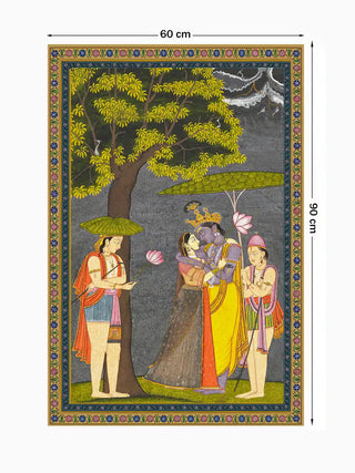 Full view of the Radha Krishna wall art in grey and yellow, 90 cm by 60 cm, showing the couple beneath the tree with attendants.