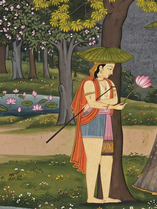 A detailed close-up of the Radha Krishna wall art highlighting the attendant figure holding a lotus flower beneath the tree