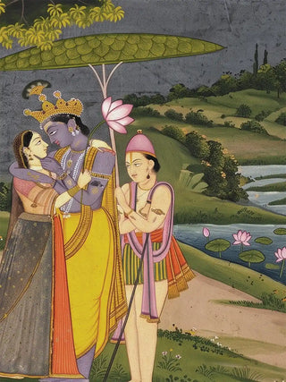 A detailed close-up of the Radha Krishna wall art highlighting the crowned figure and companion beneath the lotus-leaf parasol