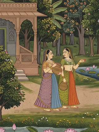 A detailed close-up of the Radha Krishna wall art highlighting the two gopi attendants carrying water pots near the garden pavilion