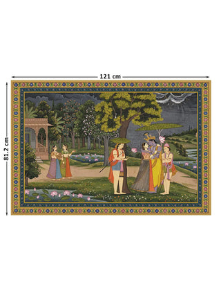 The Radha Krishna wall art shown at its large 121 by 81.2 centimetre size with dimension markers