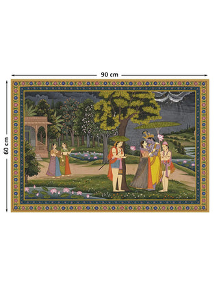 The Radha Krishna wall art shown at its medium 90 by 60 centimetre size with dimension markers