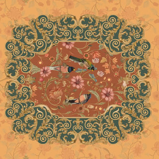 A close-up of the intricate medallion design with scrolling acanthus leaves and floral detailing in earthy and jewel tones.