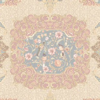 A full-pattern close-up of the Rahnuma ceiling mural showing the scrolling acanthus cartouche, songbirds and pink blossoms on a tonal damask ground.