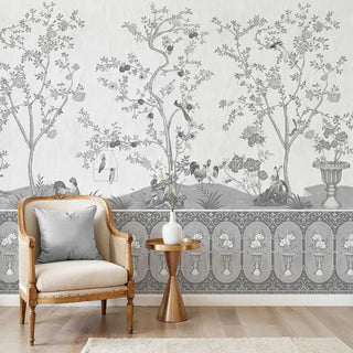 A full-scale Raj Bagh charcoal wall mural featuring a hand-sketched forest landscape with wildlife and ornate arches.
