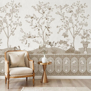 A full-scale Raj Bagh sepia wall mural featuring a hand-sketched forest landscape with wildlife and traditional arches.