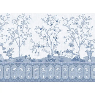 Decorative wallpaper border with trees, birds, and urns in blue and white.