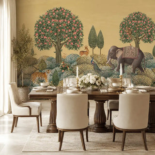 Rajasi Van customised Indian wildlife wallpaper providing a palatial backdrop in a formal dining room layout view-diningroom