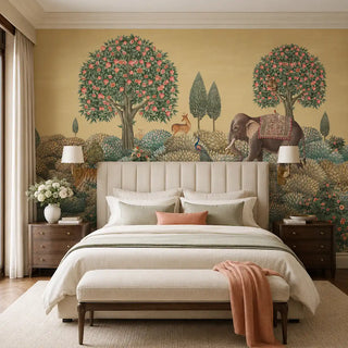 Rajasi Van mustard Indian forest wallpaper styled as an absolute feature wall behind a master bed view-bedroom
