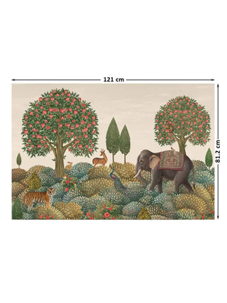 Full design layout of the Rajasi Van forest art showing an elephant, tiger, and peacock with 121 cm by 81.2 cm dimensions.