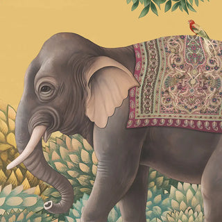 A high-resolution close-up of the hand-painted royal elephant and bird motif in the Rajasi Van wallpaper.