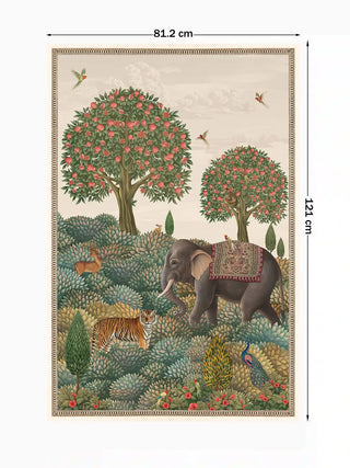 Full view of the Rajasi Van wall art showing an elephant, tiger and peacock among pomegranate trees and leafy shrubs, at 121 cm by 81.2 cm.