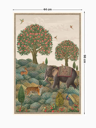 Full view of the Rajasi Van wall art showing an elephant, tiger and peacock among pomegranate trees and leafy shrubs, at 66 cm by 44 cm.