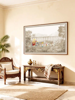 A large-scale Rajasthani Rajah heritage print styled in a foyer above an antique wooden console with brass decor.
