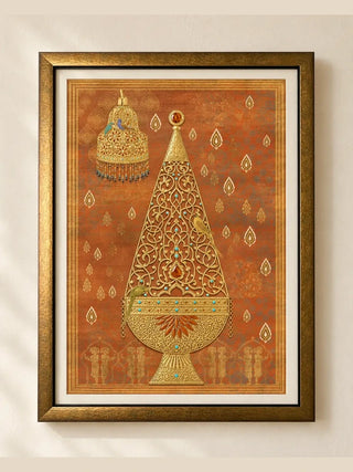 Rajghrana framed wall art: jewelled filigree lantern with parrots on a rust-orange ground, wooden frame with ivory mount