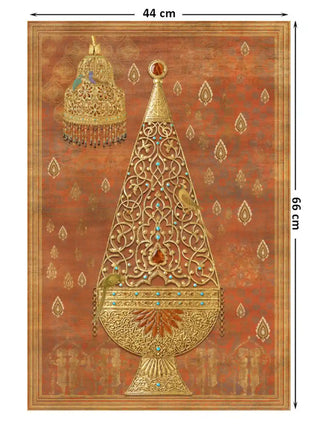 Rajghrana gold filigree finial wall art in rust and gold shown at 44 x 66 cm with dimension markings for size reference.