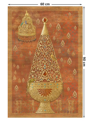 Rajghrana jewelled kalash and hanging lamp wall art in rust and gold shown at 60 x 90 cm with dimension markings for size reference.