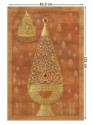 Rajghrana gold filigree and paisley wall art in rust and gold shown at 81.2 x 121 cm with dimension markings for size reference.