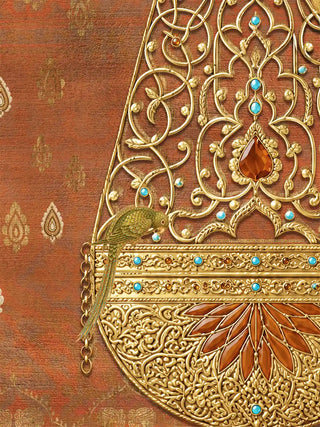 Close up of the Rajghrana wall art in rust and gold showing the jewelled gold filigree, turquoise and amber settings and the perched green parrot.