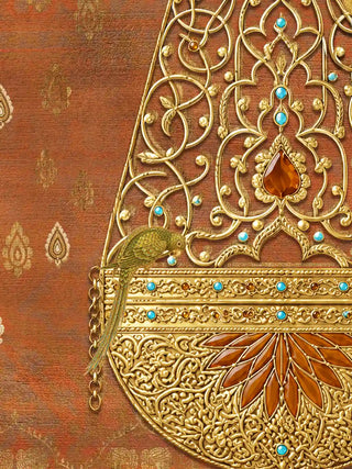 Close-up detail of Rajghrana wall art showing the intricate gold arabesque filigree of the attar lantern cone, amber teardrop gemstone centrepiece, turquoise cabochon insets, gold pearl beading, and a green parrot perched on the lotus petal pedestal rim