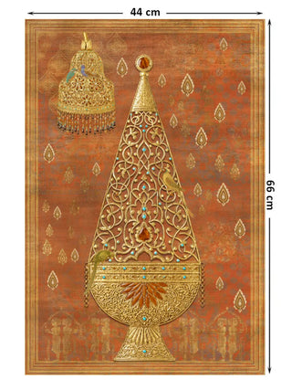 Full pattern layout of Rajghrana wall art at 44×66 cm — the smallest size — showing the complete Mughal jewelled attar lantern and bell chandelier composition on a distressed terracotta ground with scattered gold kalgi droplets and gold border frame