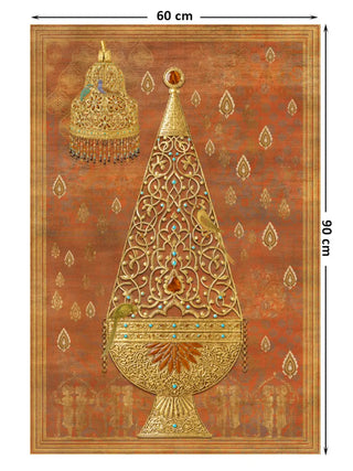 Full pattern layout of Rajghrana wall art at 60×90 cm showing the jewelled gold filigree attar lantern, bell chandelier with bead fringe, perched parrots, and ghost-print kalgi field on a warm distressed terracotta ground within a gold border