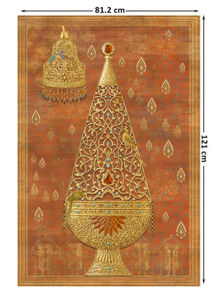 Full pattern layout of Rajghrana wall art at 81.2×121 cm showing the complete composition — gold filigree attar lantern on pedestal urn with turquoise and amber gem insets, green parrot, bell chandelier with crystal fringe and kingfishers, against a distressed terracotta ground with ghost-print gold kalgi field