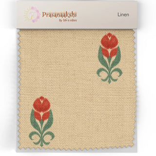 Fabric swatch of Rakt Pushp Sofa and Chair Upholstery Fabric in beige linen with delicate red floral motifs.