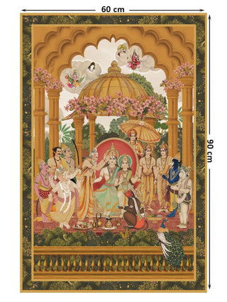 Ram Abhishek embroidered wall art showing the coronation beneath a flower-draped golden dome with Hanuman and attendant devotees, full design at 60 x 90 cm dimensions