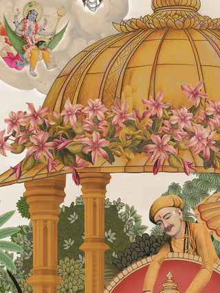 A high-resolution close-up showing the golden palace dome, pink blossoms, and celestial figures in the Ram Abhishek artwork.