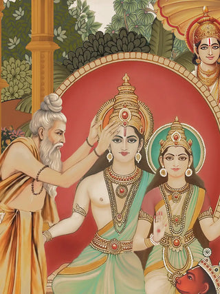 Close up of Ram Abhishek embroidered wall art showing the sage anointing Ram beside Sita, with gold crowns, red halo and fine facial brushwork