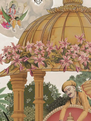 Close-up of the floral canopy and domed pavilion detail in the Ram Abhishek design