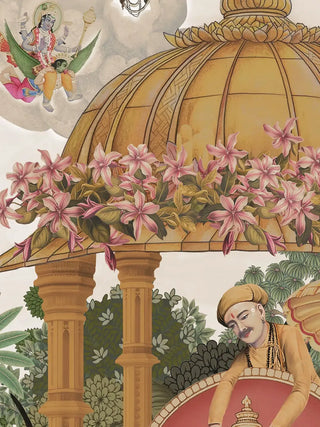 A detailed macro close-up of the Ram Abhishek wall art highlighting the golden domed pavilion, pink blossoms and a figure beneath.
