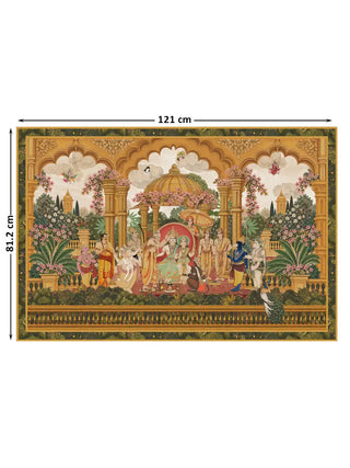 Full view of the Ram Abhishek embroidered wall art under golden scalloped arches in a flowering garden, at 81.2 cm by 121 cm.
