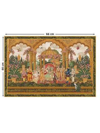Full view of the Ram Abhishek embroidered wall art under golden scalloped arches in a flowering garden, shown at 44 cm by 66 cm.
