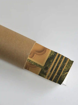 Ram Abhishek embroidered wall art shown rolled in protective shipping tube packaging