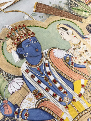 Close up of the Ram Darbar mural showcasing the intricate visual textures of hand-stitched beads and zari thread.