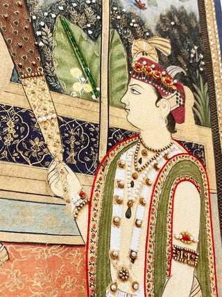 Detailed view of the Ram Darbar art highlighting the textured embroidery-style brushstrokes on the figure.