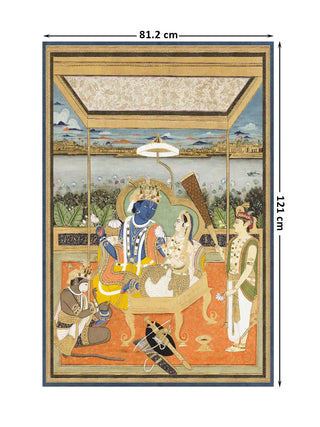 Full pattern layout of the vertical Ram Darbar design with 81.2 cm by 121 cm dimensions shown.