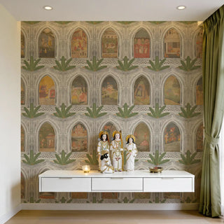 A luxury pooja room featuring Ramayan Divine Jharokha wallpaper with hand-painted epic scenes within architectural arches view-poojaroom